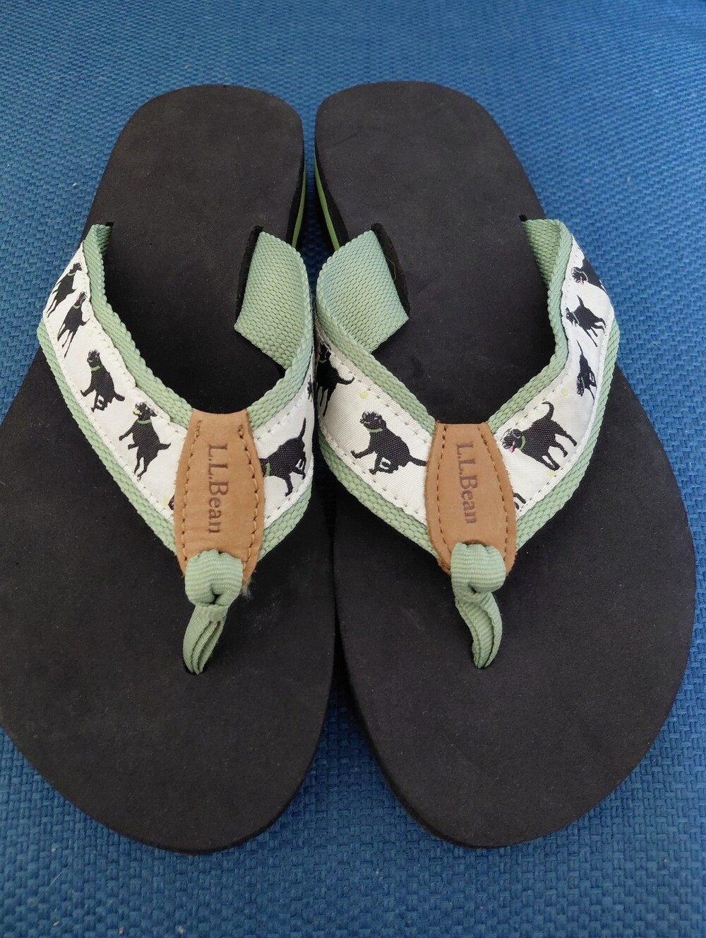 L.L.Bean Black Flip Flops with Green & White Dog-Print Straps
